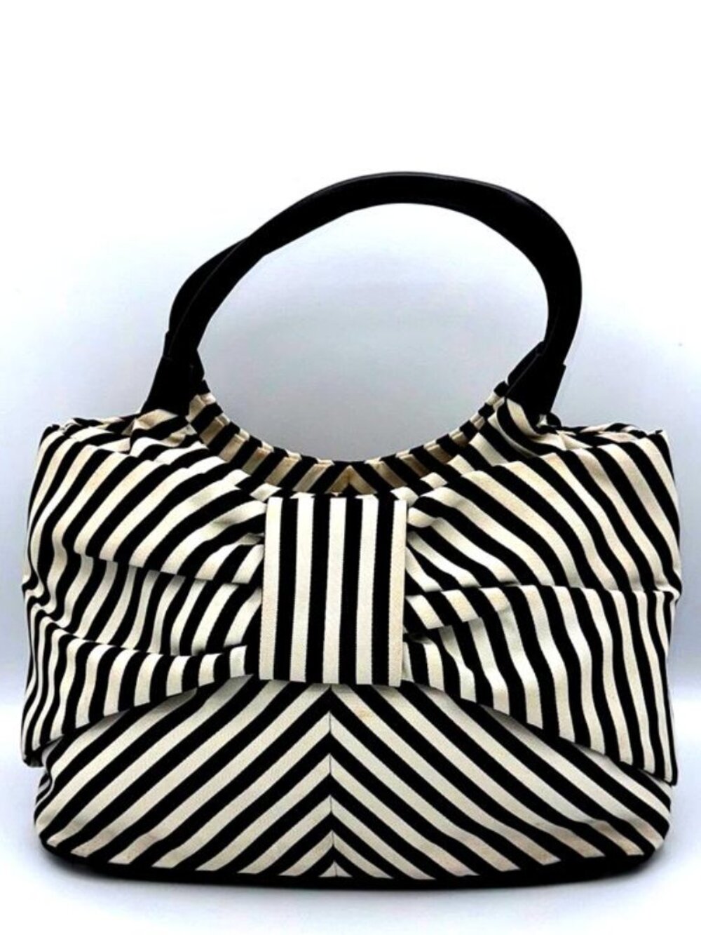 Kate Spade Black White Canvas Striped Bow Handbag Purse Classic Chic